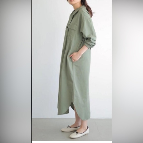 D7- AMERICAN HOLIC Olive Green Basic Mandarin Collar Shirt Dress - Picture 8 of 8